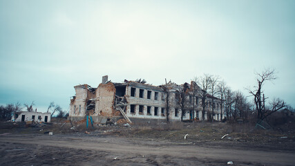 Cities and villages affected by the war. Russian invasion of Ukraine. Destroyed houses.