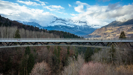 Snow Mountain view  with bridge