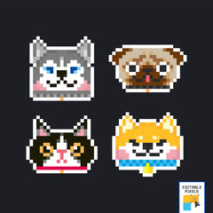 Cute dog breeds. Pixel art 80s style icons. Stickers and embroidery design. Video game sprite. Domestic cat front face pixel art set. Mobile app. Vector illustration. 8 bit.