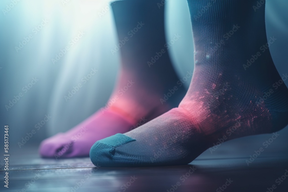 Poster a pair of feet with socks on and one with a red spot on the bottom of the socks and one with a blue 