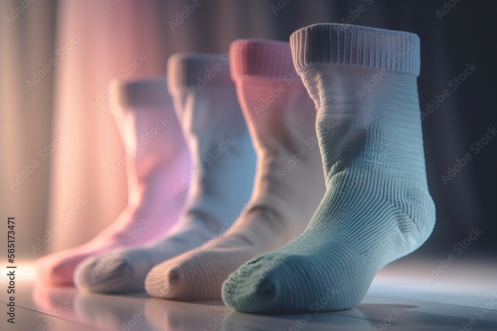 Poster a row of socks sitting on top of a table next to a window with curtains in the background of the pic