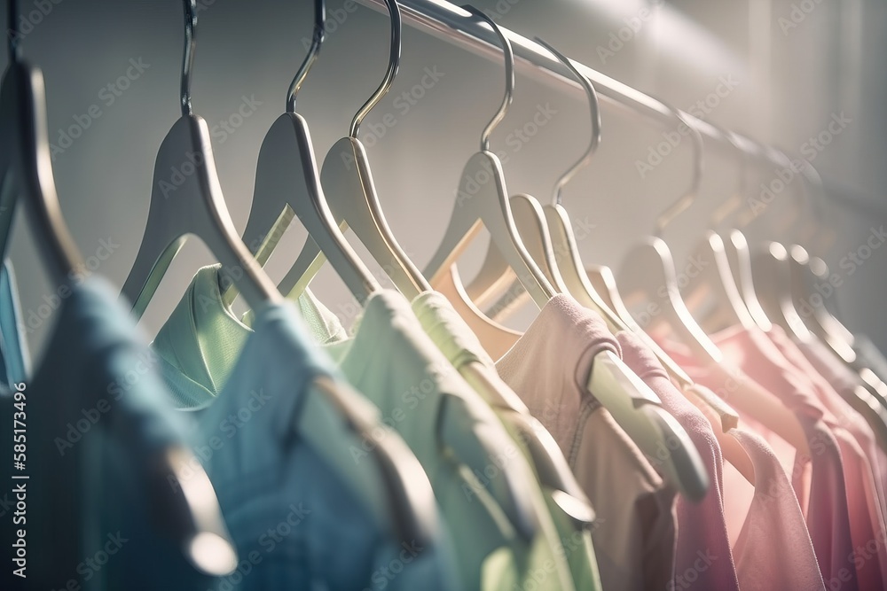 Poster a row of clothes hanging on a rack in a room with sunlight coming through the window and the clothes