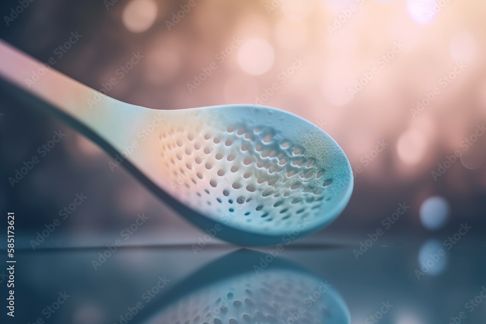 Poster a close up of a blue toothbrush on a table with a blurry background of trees and a boke of light in 