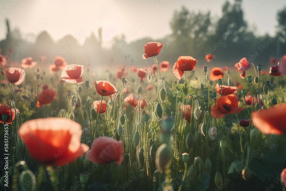 Poster  a field full of red flowers with the sun shining through the trees in the background and the grass in the foreground, with a field of grass and trees in the foreground.  generative ai