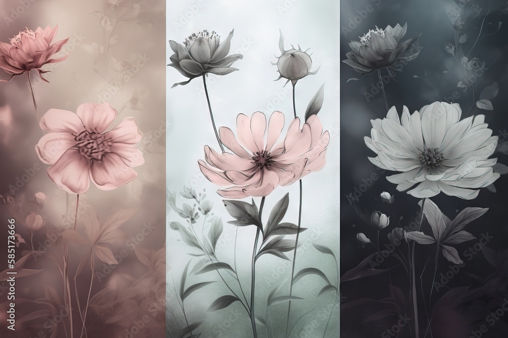Poster a series of three images of flowers with different colors and sizes of flowers in the same picture, 