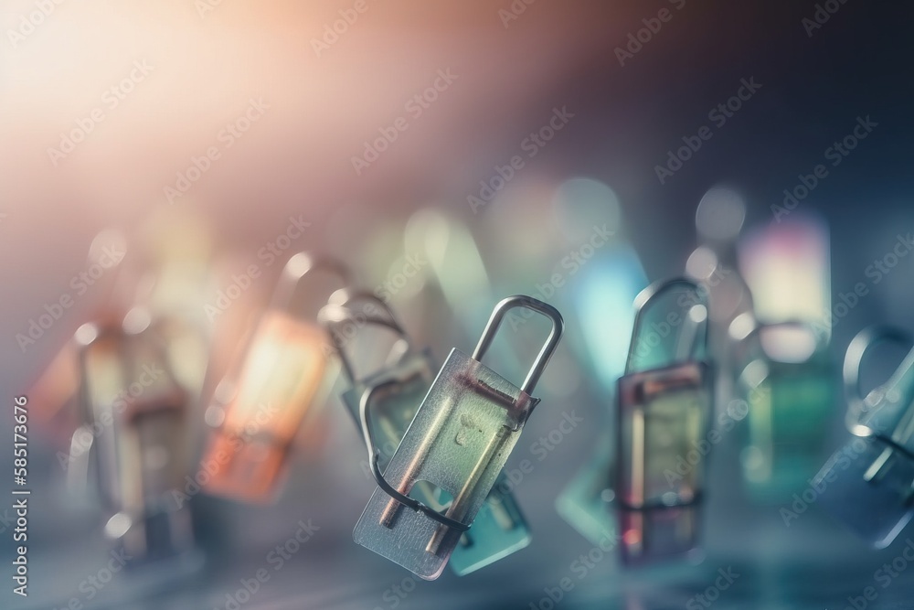 Poster a group of small metal padlocks on a table top with a blurry background of the padlocks on the table
