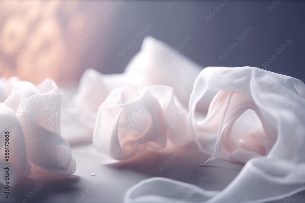 Poster a close up of a white cloth on a table with a blurry image of a person in the background in the back