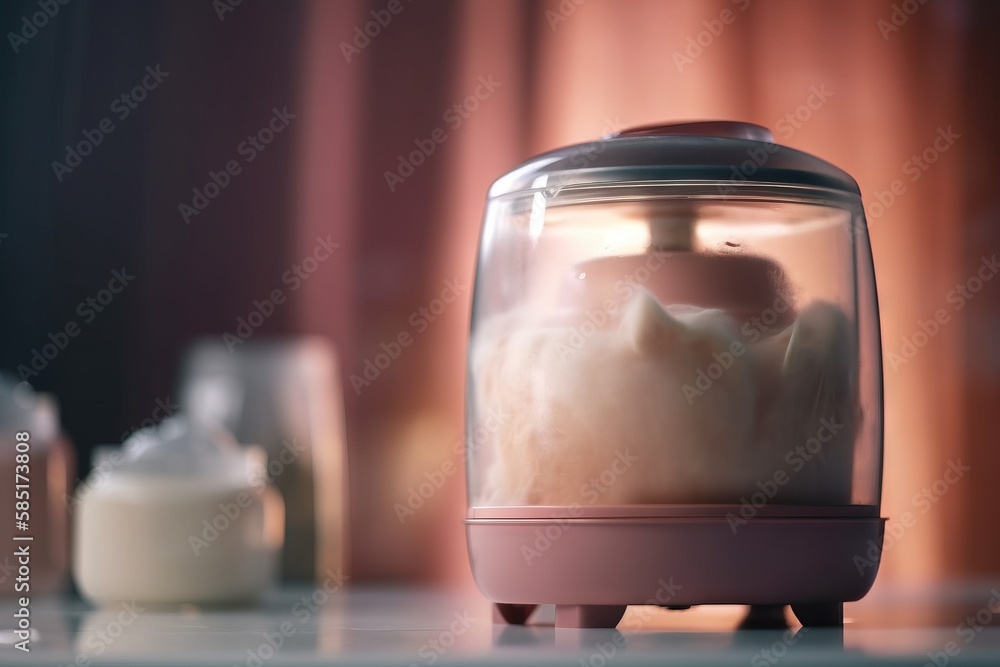 Poster  a close up of a glass container with a liquid inside of it on a table with other items in the background and a curtain behind it.  generative ai