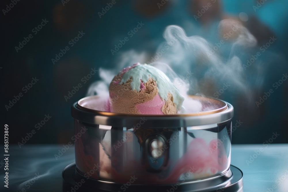 Poster a bowl of ice cream with steam coming out of the top of it and on top of a table with a blue backgro