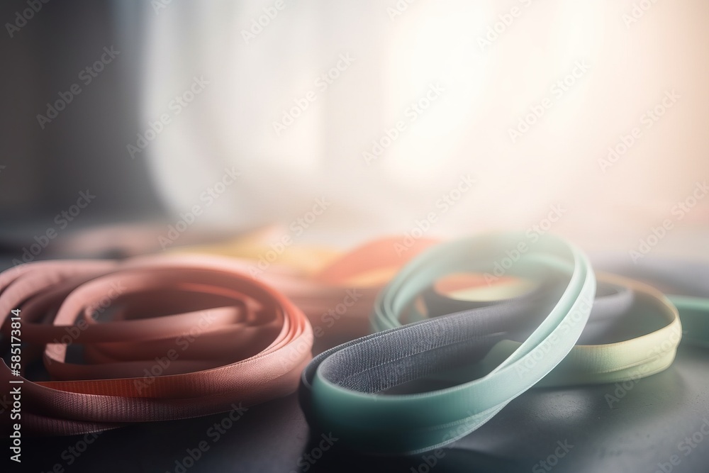 Poster  a close up of a bunch of different colored ribbons on a table with a window in the backgroup of the picture behind it.  generative ai
