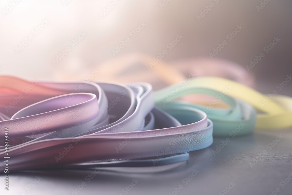 Poster a close up of a bunch of ribbons on a table with a blurry background of the ribbons on the table and