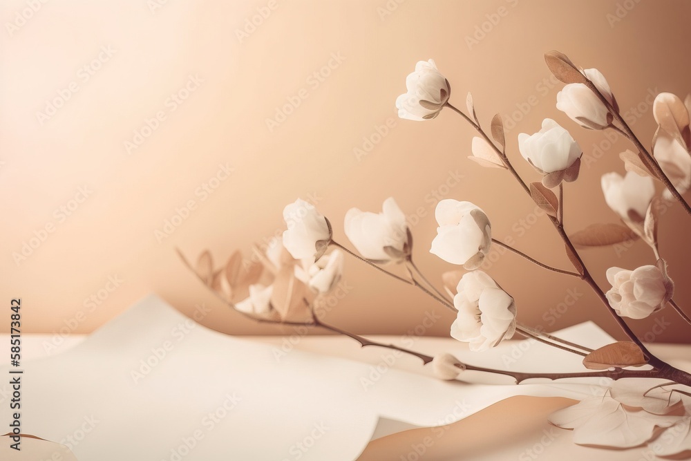 Poster a branch with white flowers on a light colored background with a sheet of paper in the foreground an
