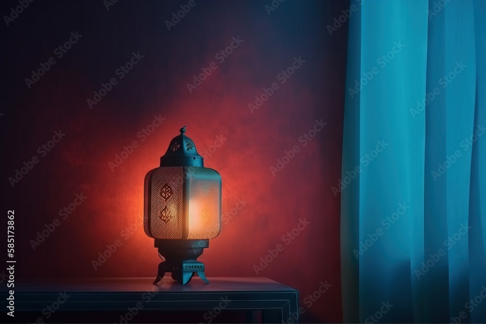 Poster a lit candle sitting on a table in front of a window with curtains in the background and a red wall 