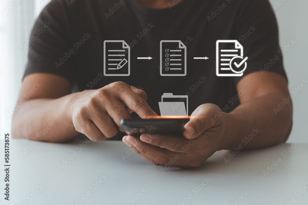 Poster business people using mobile phone to edit and tick mark on virtual document for online approve pape