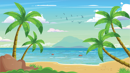 Daytime beach landscape. seascape, beach cartoon illustration set. Premium Vector .eps
