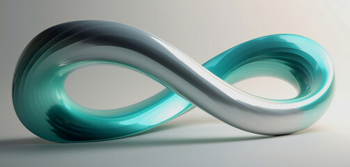 Smooth flowing infinity symbol with silver, teal, reflective surface and shadow on plain background - obrazy, fototapety, plakaty