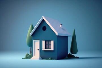 3D rendering of a blue house with trees on the ground.