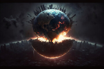 End of the world. Apocalyptic background with exploding earth (created with Generative AI Technology)