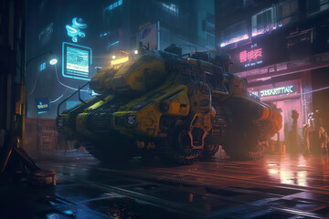 Combat vehicle evening patrol in the cyberpunk city (generative AI)