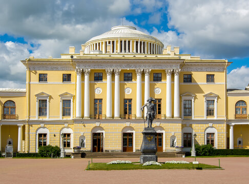 Pavlovsk palace and Pavel the first monument, St. Petersburg, Russia