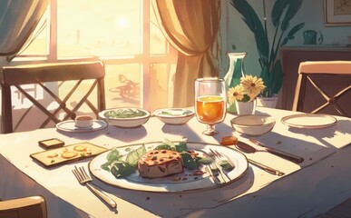 A drawn dinner table full of delicious food and wine watercolor dinner food illustrations Generative AI
