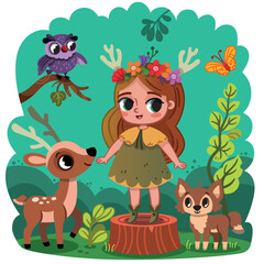 Cartoon forest girl among forest animals. Vector illustration.