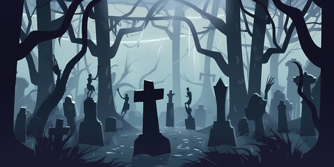 Scary cemetery illustration, stone tombstones among the trees in the forest in the fog. AI generated illustration