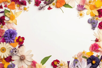 Floral banner, natural spring flower mix background with white empty space for copy text - Generative AI