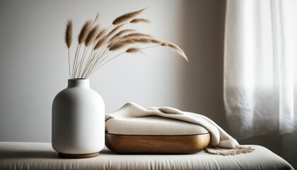 therapy modern white ceramic vase with dry lagurus ovatus spa still life with candles, copy space empty, relaxing calm meditation mind, rustic old vintage interior, generative ai