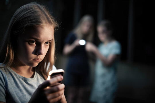 Cybermobbing, Mädchen liest eine Nachricht auf ihrem Handy - Generative AI