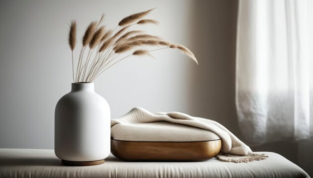 therapy modern white ceramic vase with dry lagurus ovatus spa still life with candles, copy space empty, relaxing calm meditation mind, rustic old vintage interior, generative ai