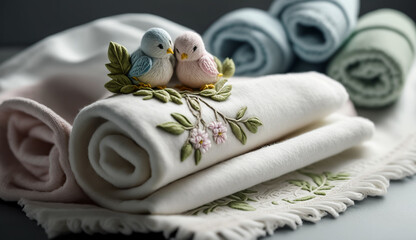 Fototapeta na wymiar embroidered Easter towels with little knitted bird figures