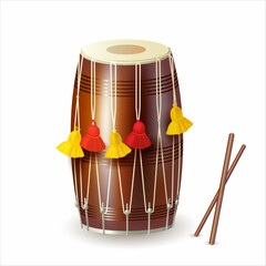 North Indian dhol (drum) and sticks isolated on white. Traditional attribute for festivals (Vaisakhi, Baisakhi, Lohri). Music software for Punjabi Bhangra dance. Vector.