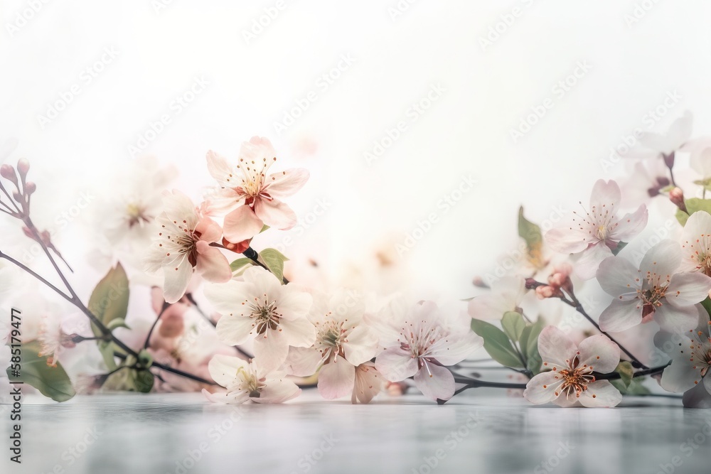 Poster a bunch of flowers that are on a branch of a tree in front of a white wall with a reflection of the 