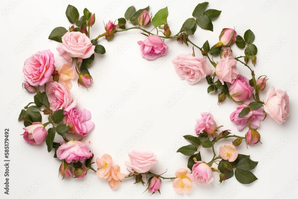 Poster a bunch of pink roses arranged in a circle on a white background with copy - up space in the middle 