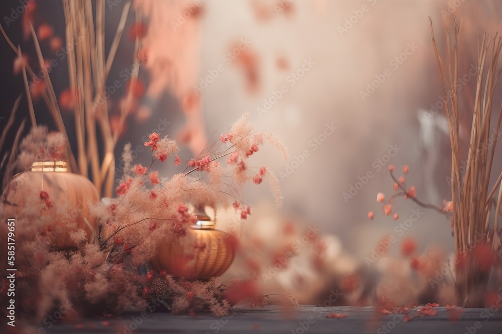 Poster a couple of vases sitting on top of a table next to a bush with flowers on it and a vase with a cand