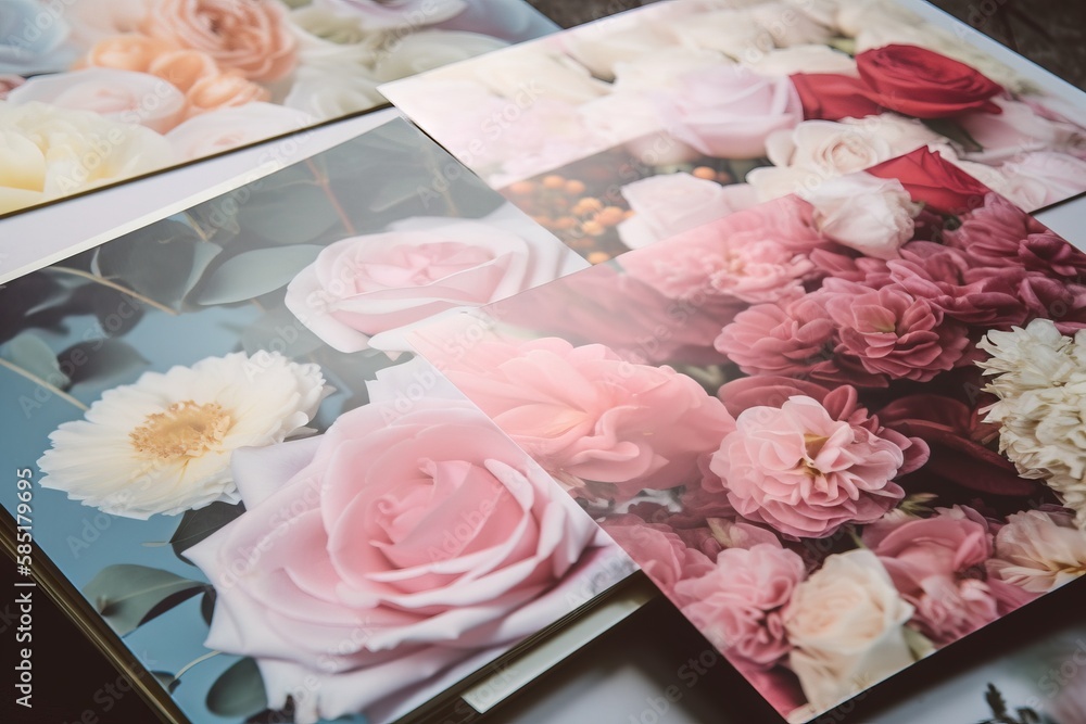 Poster a bunch of flowers that are sitting on a table with a picture of them on the table and on the table 