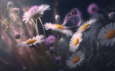 butterfly on wild white violet flowers in grass in rays of sunlight, Spring summer fresh artistic image of beauty morning nature