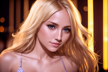 Fototapeta premium Beautiful sexy girl in a tight shiny dress in a nightclub, Generative AI