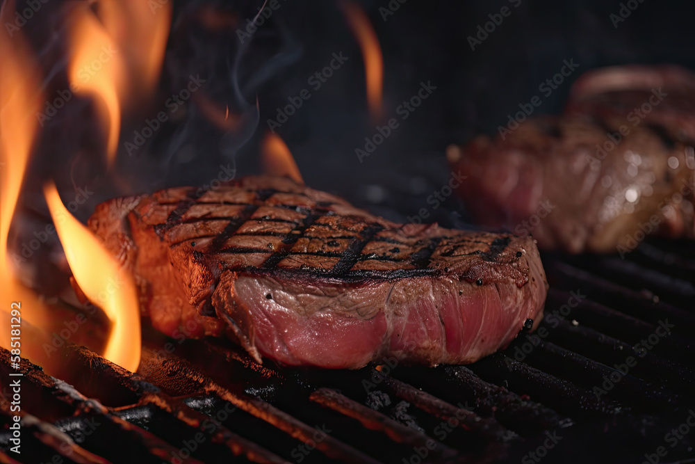 Wall mural grilled beef steaks with spices and herbs on bbq outdoor.ai generative