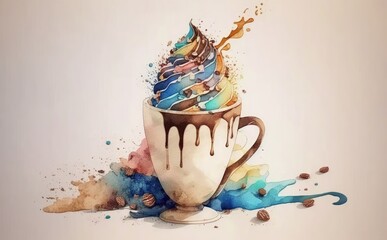 A drawn cup of coffee arabica watercolor cappuccino, latte illustrations Generative AI
