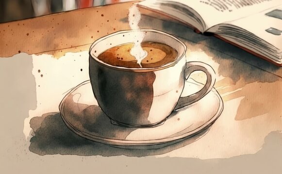 A drawn cup of coffee arabica watercolor cappuccino, latte illustrations Generative AI