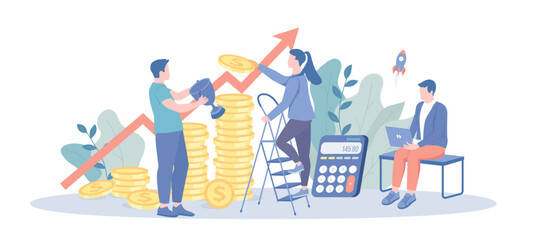 Finance Growth Money Profits. Investing Plans, Calculating Benefits. People analyze financial data of company and make profit invest money. Vector illustration with character situation for web.