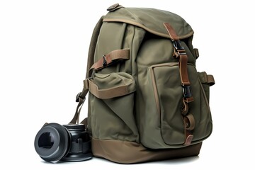 Naklejka premium ﻿A brown backpack with a camera - Generative AI