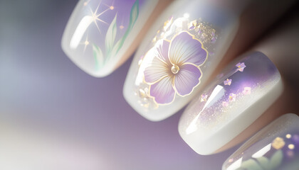 nail art,{{{pansy}}},decorate nail chip in frames,gems,lamé,shiny,hologram,beautiful, soft lighting,light toned,bright,bokeh,bold clear lines,sugar confectionary,comforting,gentle,8K