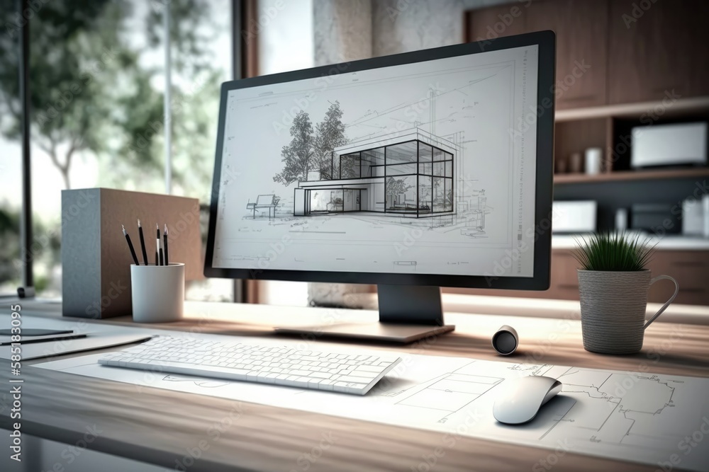 Fototapete architect office project concept. computer screen on white work desk showing house blueprints in cad