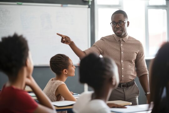 Black male teacher teaching  high school.