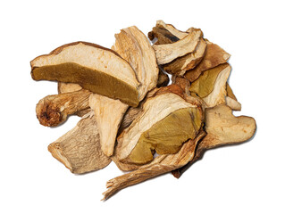 Dried natural mushrooms isolate on white background closeup. Preparation of freeze-dried food for long-term storage. Vegetarian cooking ingredient