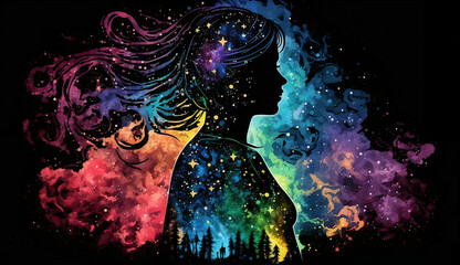 universe meta human goddess spirit silhouette on galaxy space background, new quality colorful spiritual stock image illustration wallpaper design, Generative AI	
