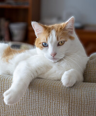 Portrait of cute odd eyed cat, heterochromia, looking at camera; selective focus.